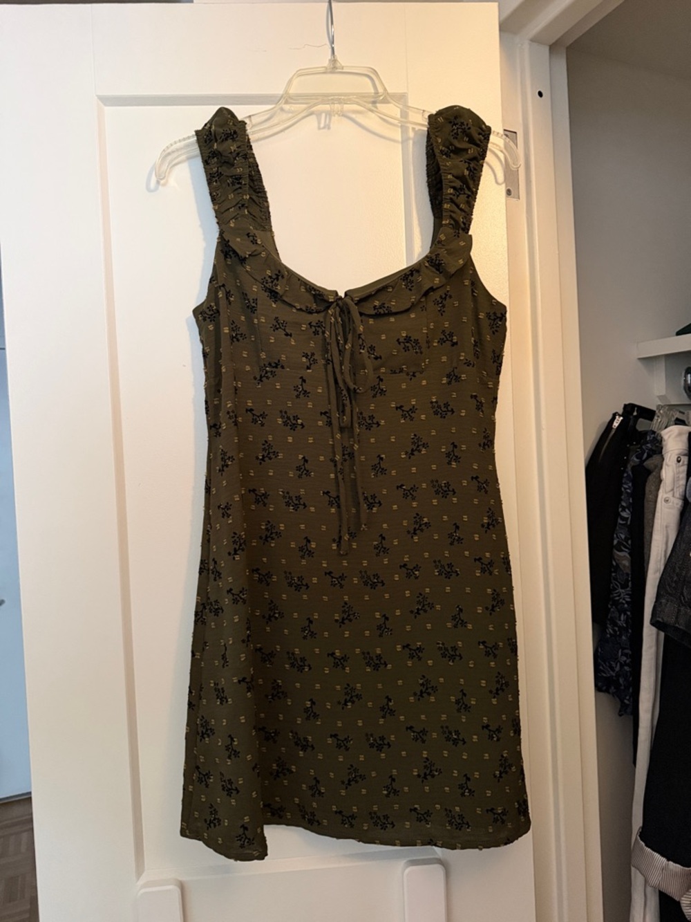 Olive Floral Tie-Front Mini Dress with Ruching